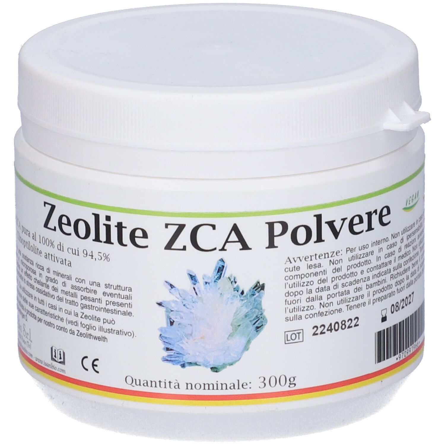 Barattolo bianco Zeolite ZCA Polvere con design cristallo blu. Testo: Zeolite ZCA Polvere, 300g. Marchi: CE, numero di lotto, data di scadenza.