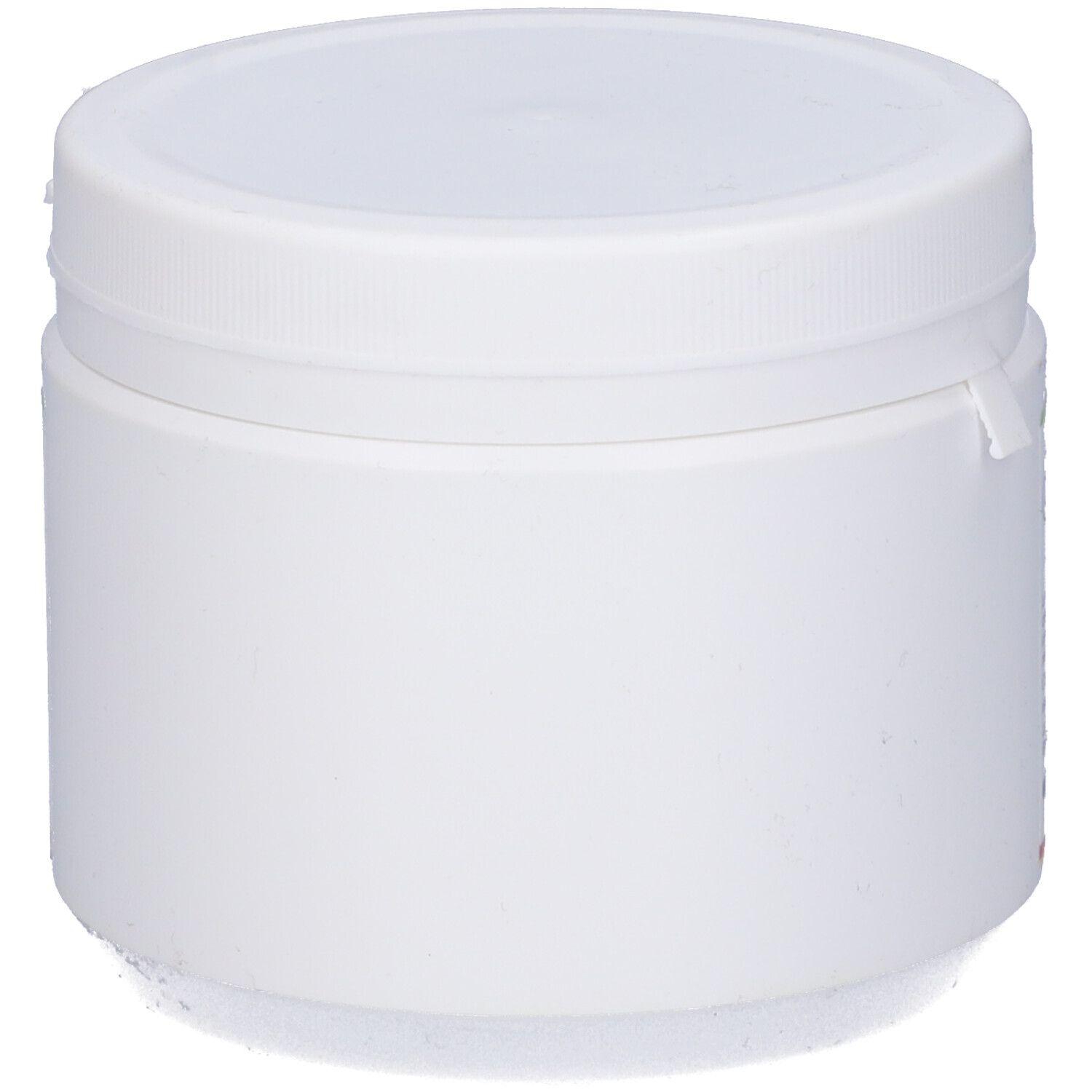 Contenitore cilindrico bianco con coperchio bianco. Nessun marchio o testo visibile. Superficie liscia. Meccanismo di chiusura.