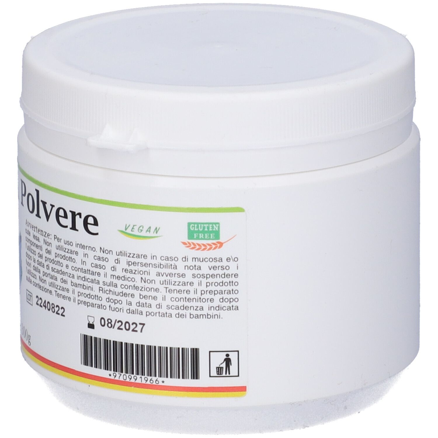Barattolo bianco con etichetta Zeolite ZCA Polvere. Testo: Vegano, Senza glutine, Scadenza 08/2027. Codice a barre e avvertenze.