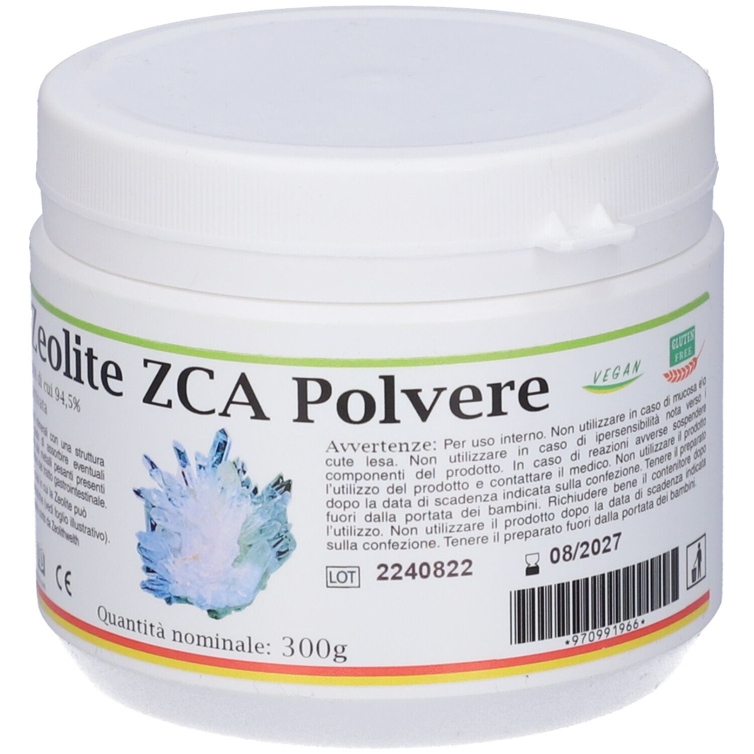 Barattolo bianco Zeolite ZCA Polvere con design cristallo blu. Testo: Zeolite ZCA Polvere, 300g. Sigilli Vegan e Senza glutine. Scadenza.