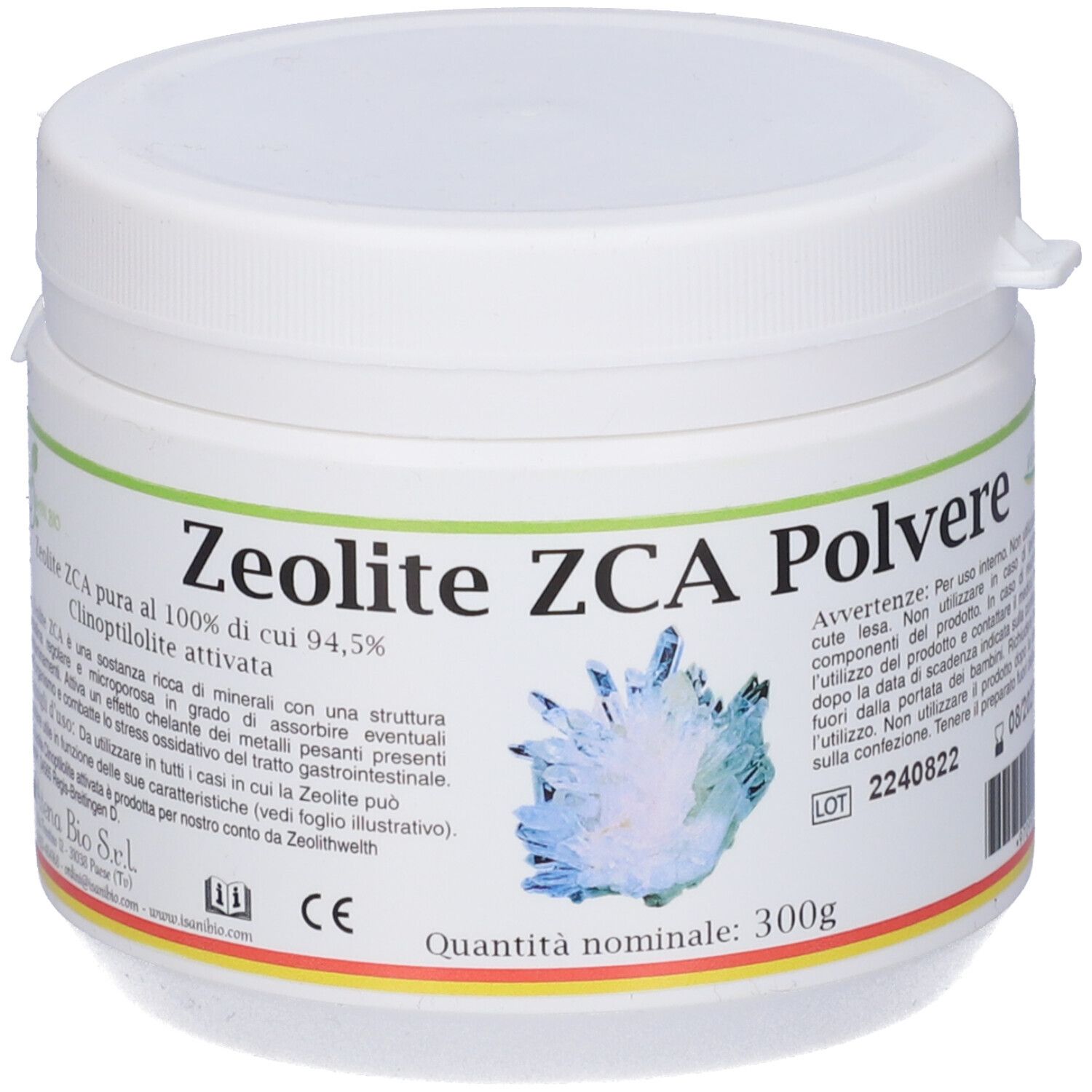 Barattolo bianco Zeolite ZCA Polvere con design cristallo blu. Testo: Zeolite ZCA Polvere, 300g. Informazioni prodotto e avvertenze.