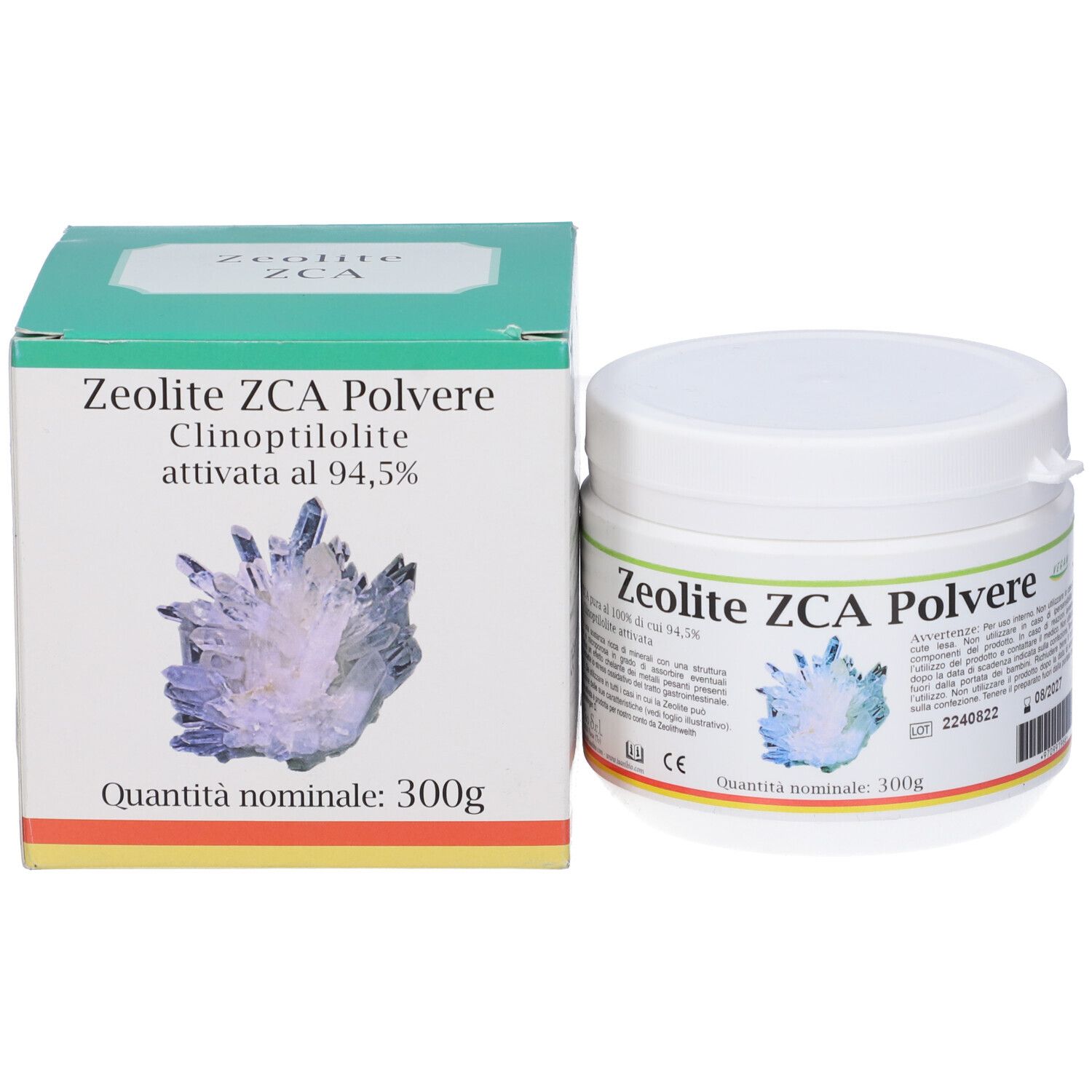 Barattolo bianco e scatola verde. Testo: Zeolite ZCA Polvere, 300g. Design cristallo blu. Informazioni prodotto sulla scatola.