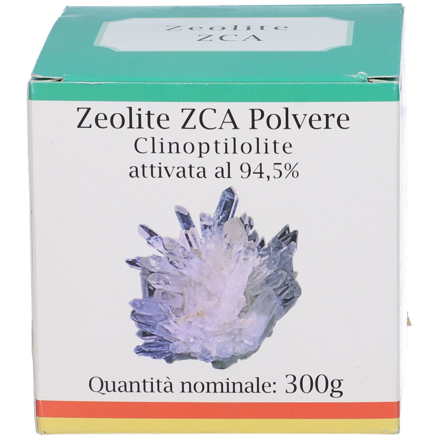 Scatola verde con Zeolite ZCA Polvere. Testo: Zeolite ZCA Polvere, 300g. Design cristallo blu. Informazioni prodotto.