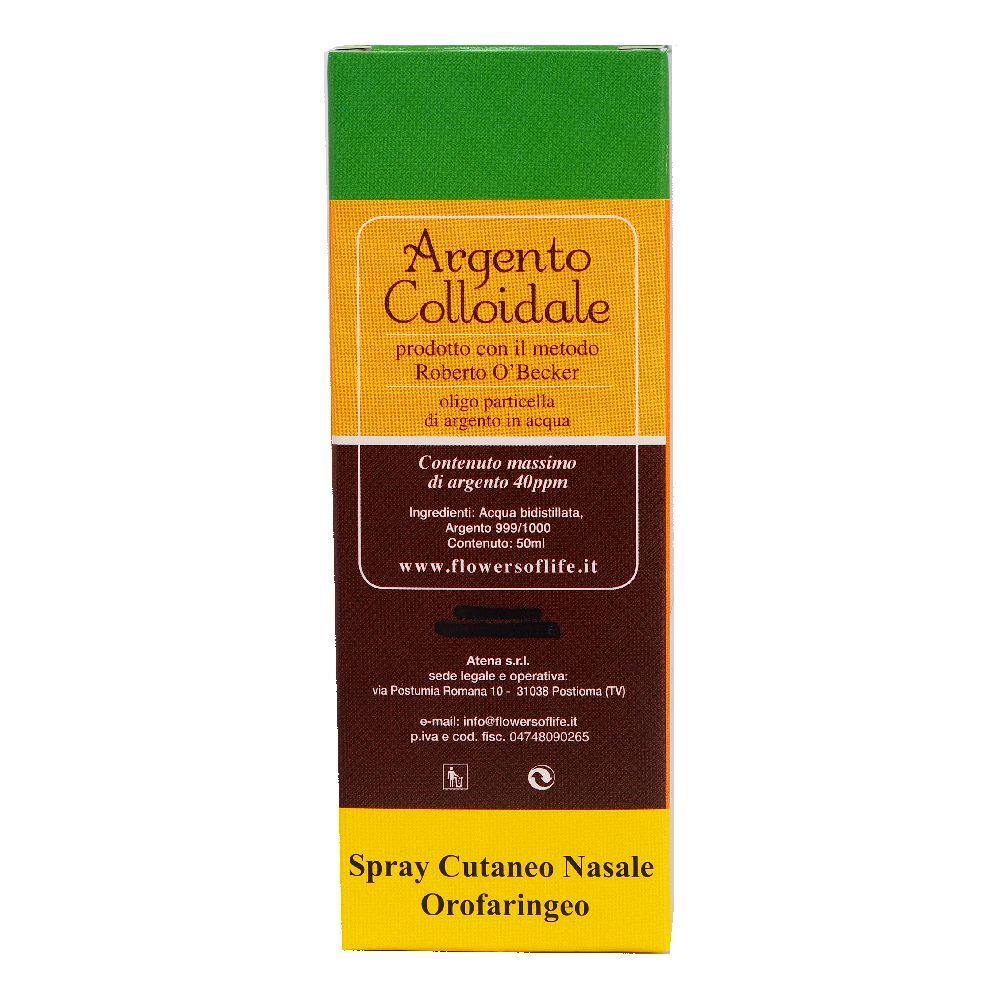 Scatola con informazioni sul prodotto. Testo: Argento Colloidale, 40ppm argento, Spray Cutaneo Nasale Orofaringeo.