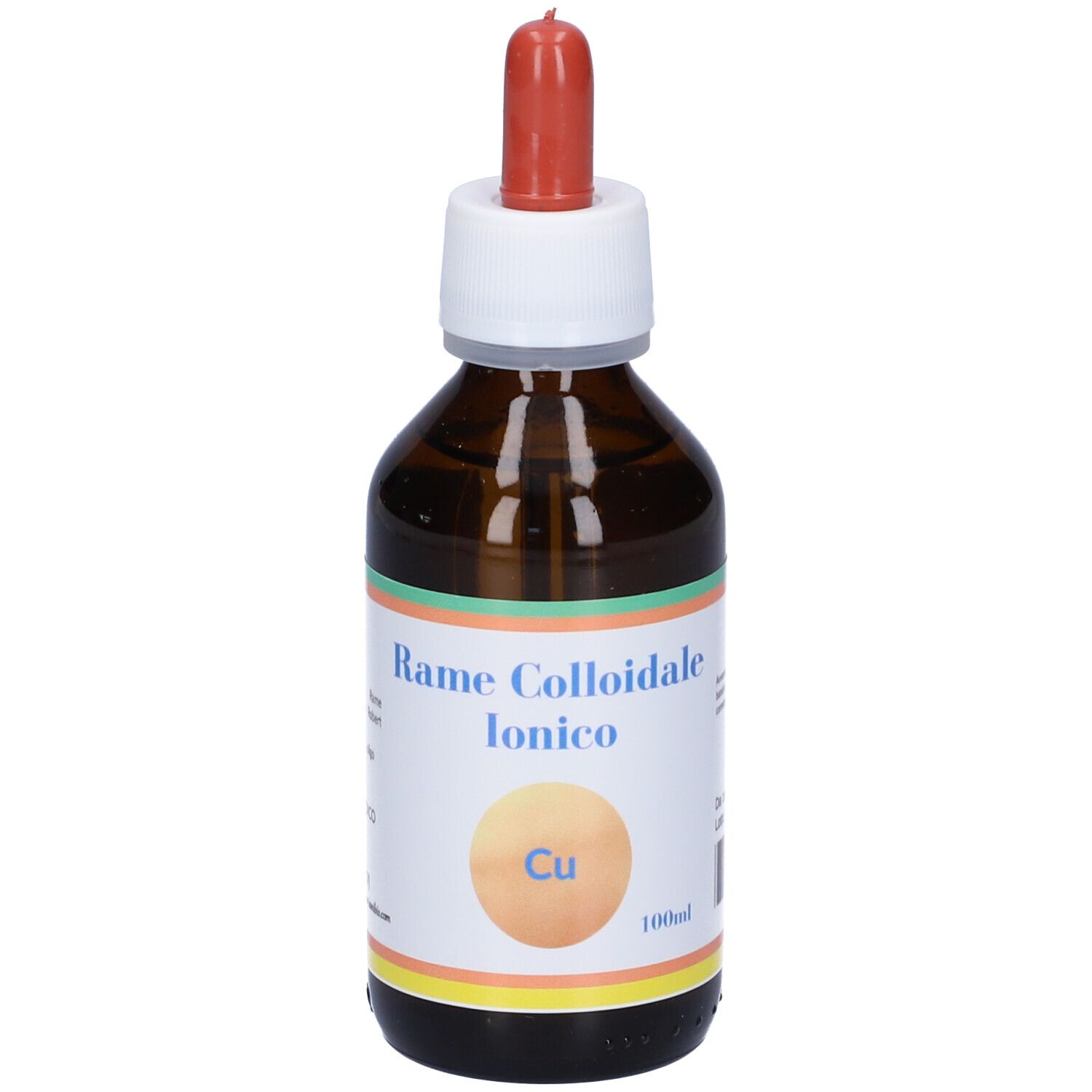 Flacone di vetro marrone con contagocce. Etichetta: Rame Colloidale Ionico. Simbolo Cu.