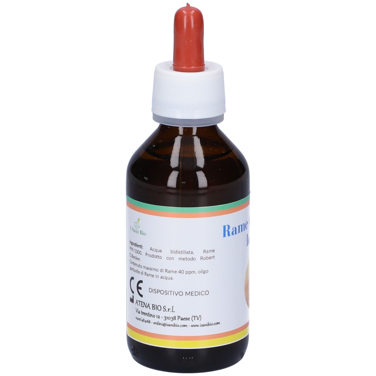 Flacone di vetro marrone con contagocce. Etichetta: Rame Colloidale Ionico. Informazioni produttore.