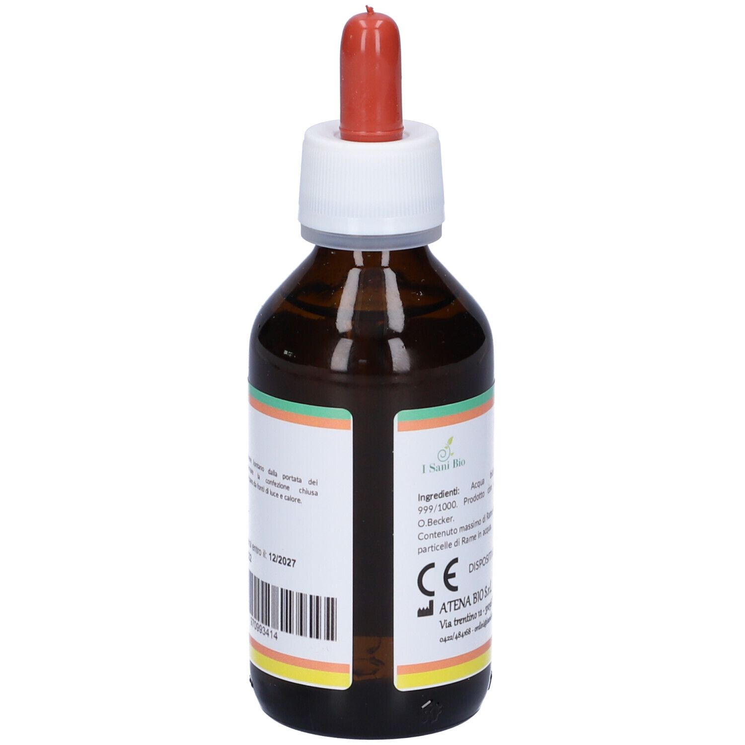 Flacone di vetro marrone con contagocce. Etichetta: Rame Colloidale Ionico. Informazioni produttore.