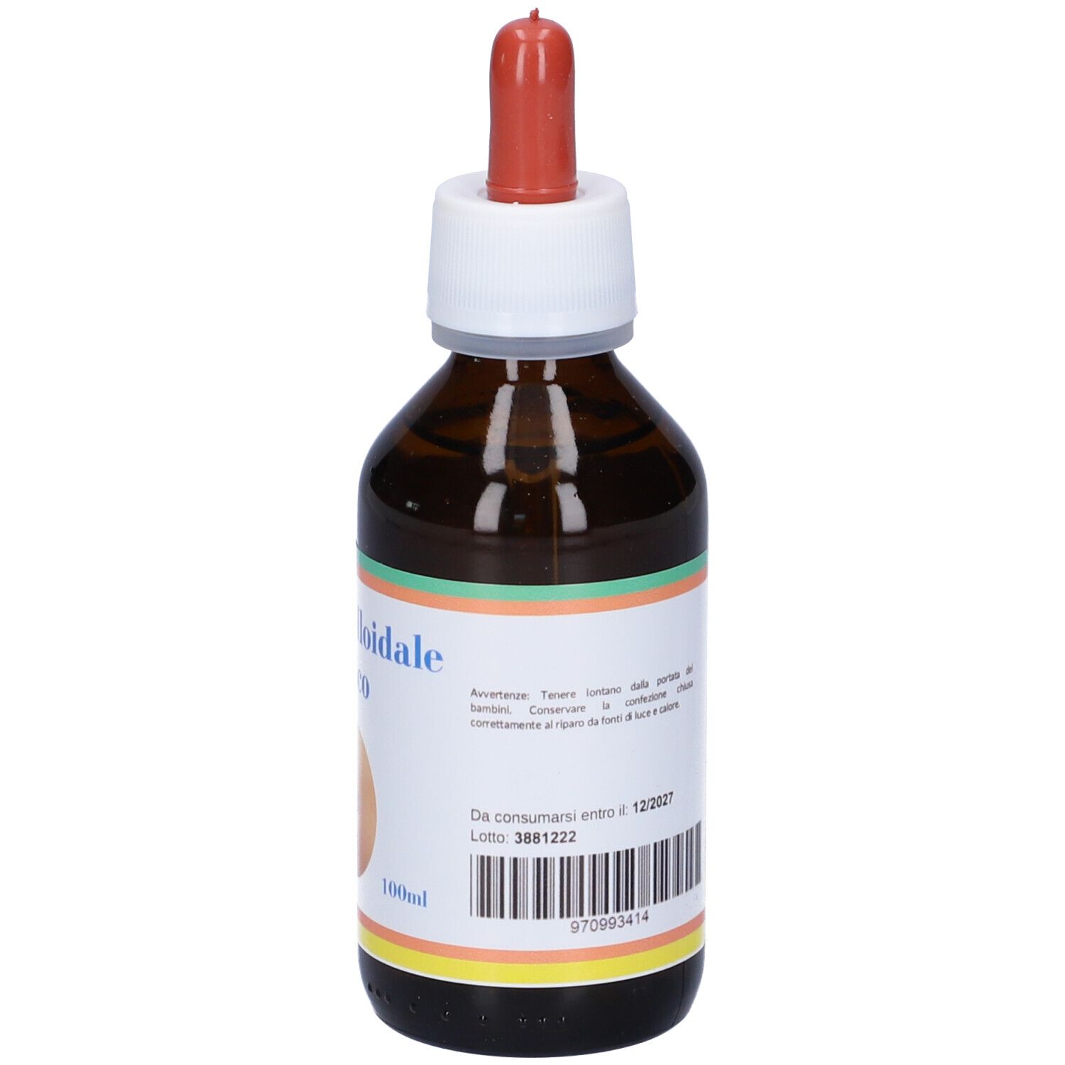 Flacone di vetro marrone con contagocce. Etichetta: Rame Colloidale Ionico. Data di scadenza.
