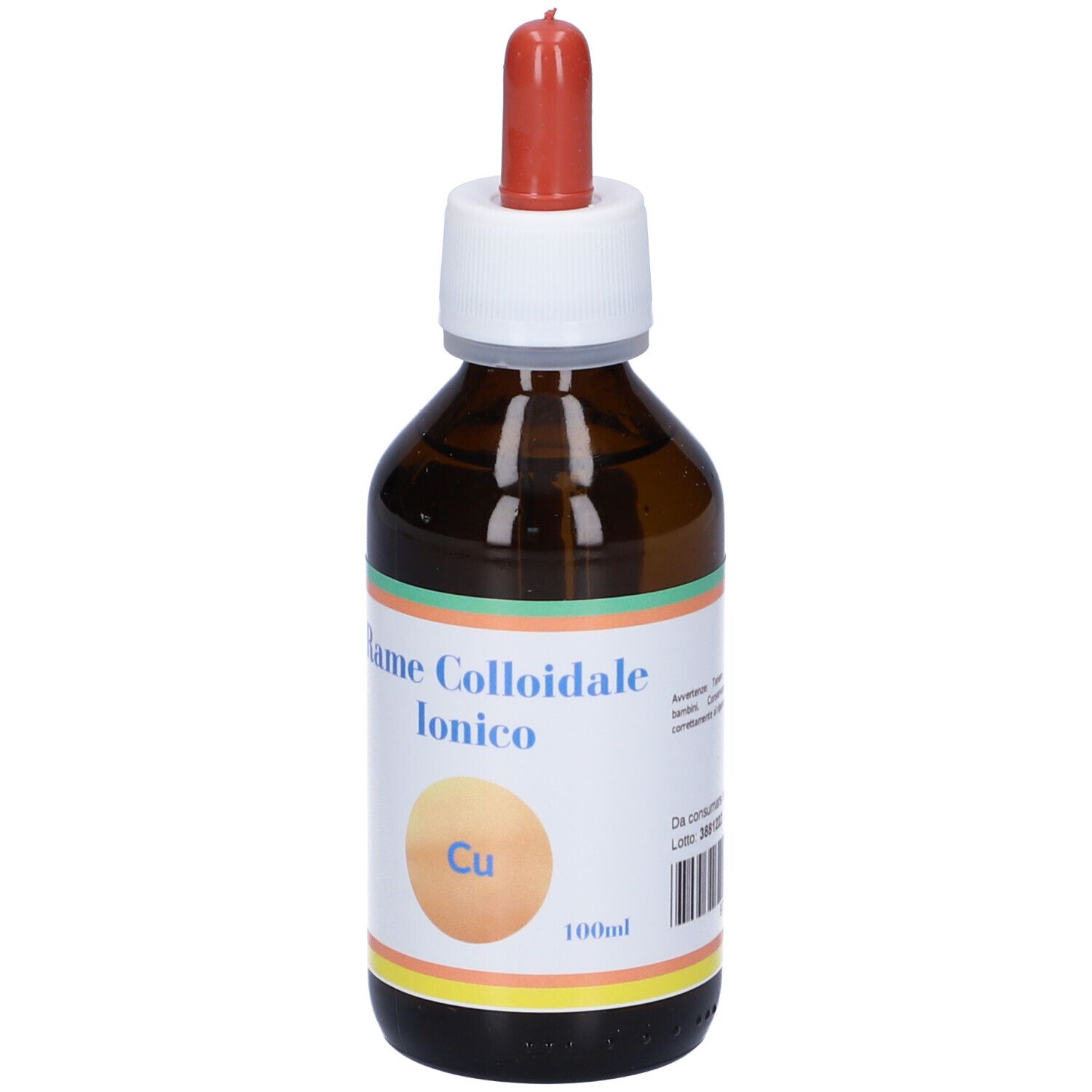 Flacone di vetro marrone con contagocce. Etichetta: Rame Colloidale Ionico. Simbolo Cu.