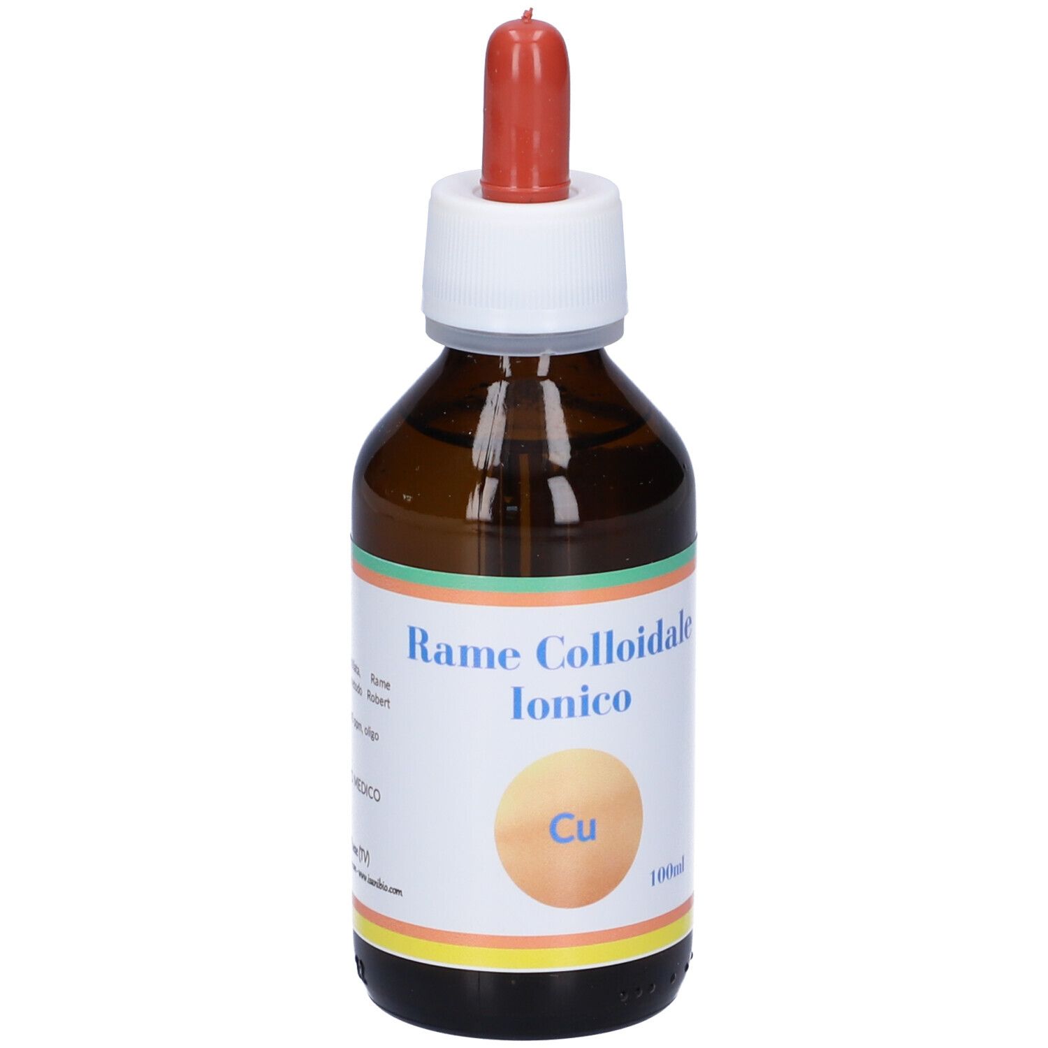 Flacone di vetro marrone con contagocce. Etichetta: Rame Colloidale Ionico. Simbolo Cu.