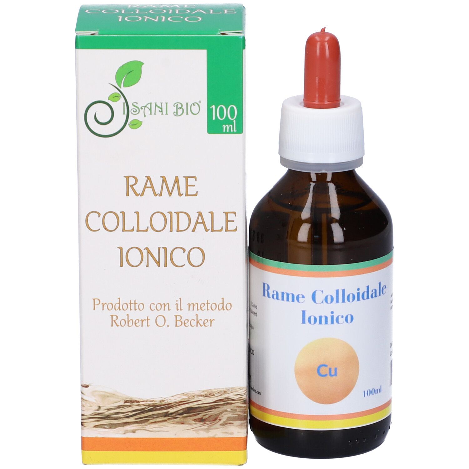 Flacone e scatola. Flacone con contagocce, etichetta: Rame Colloidale Ionico. Scatola con logo.