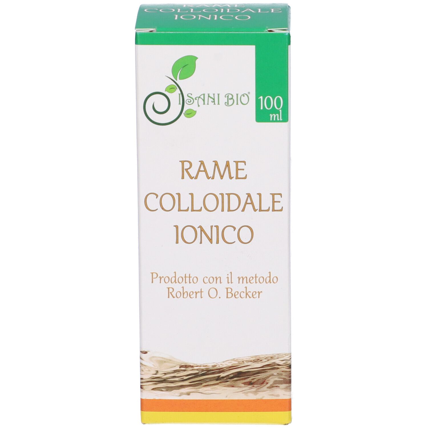 Scatola di Rame Colloidale Ionico. Confezione verde e bianca con logo e testo.