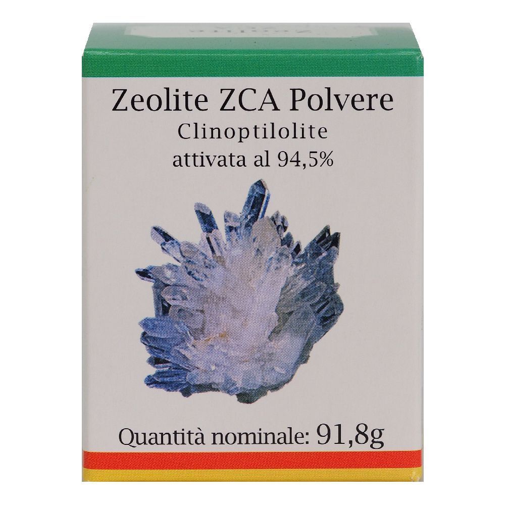 Scatola con scritta "Zeolite ZCA Polvere". Contiene Clinoptilolite attivata al 94,5%. Scritto "Quantità nominale: 91,8g".