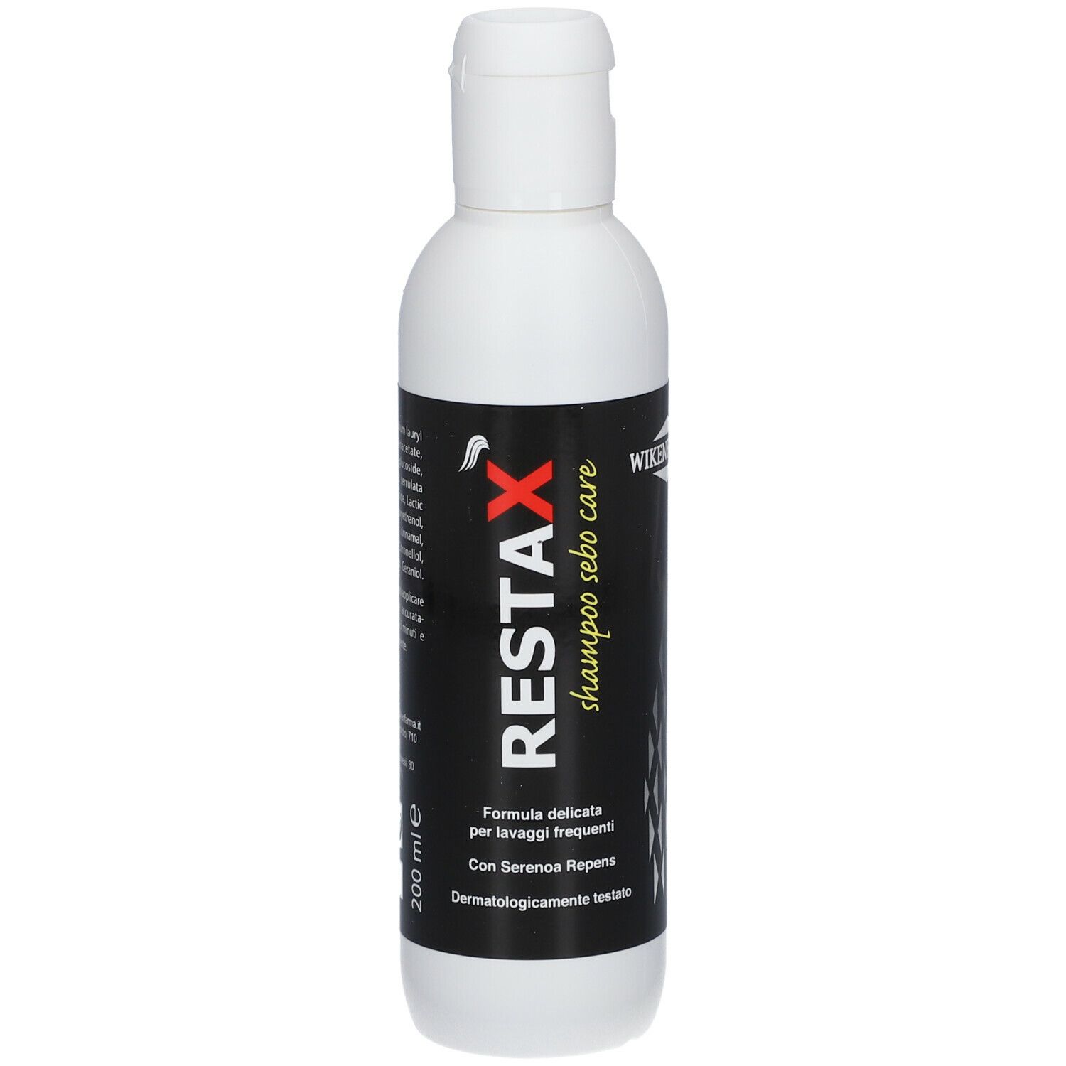 Flacone di shampoo RESTAX sebo care, 200 ml, con etichetta nera. Informazioni visibili.