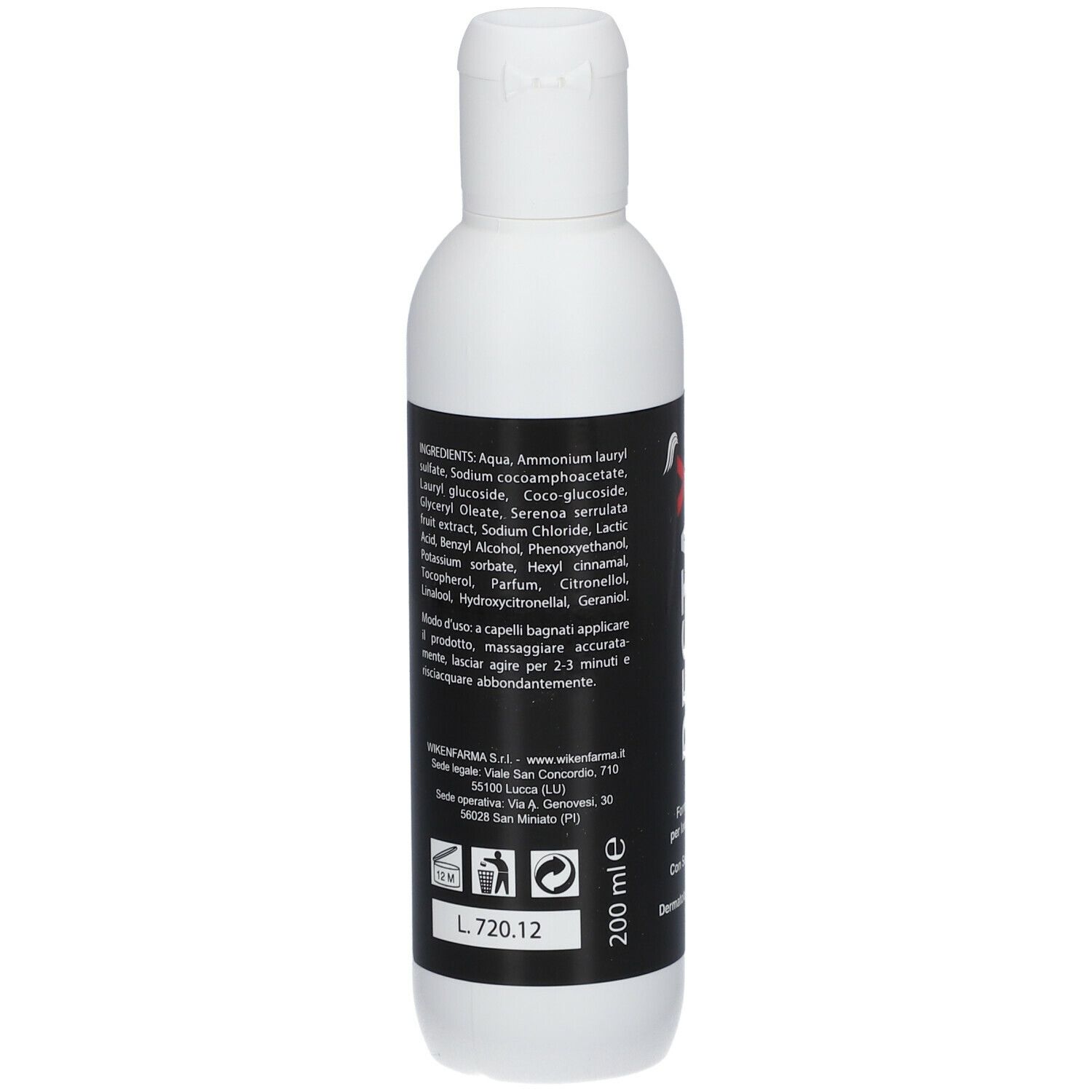 Retro di un flacone di shampoo. Ingredienti e informazioni del produttore. 200 ml.