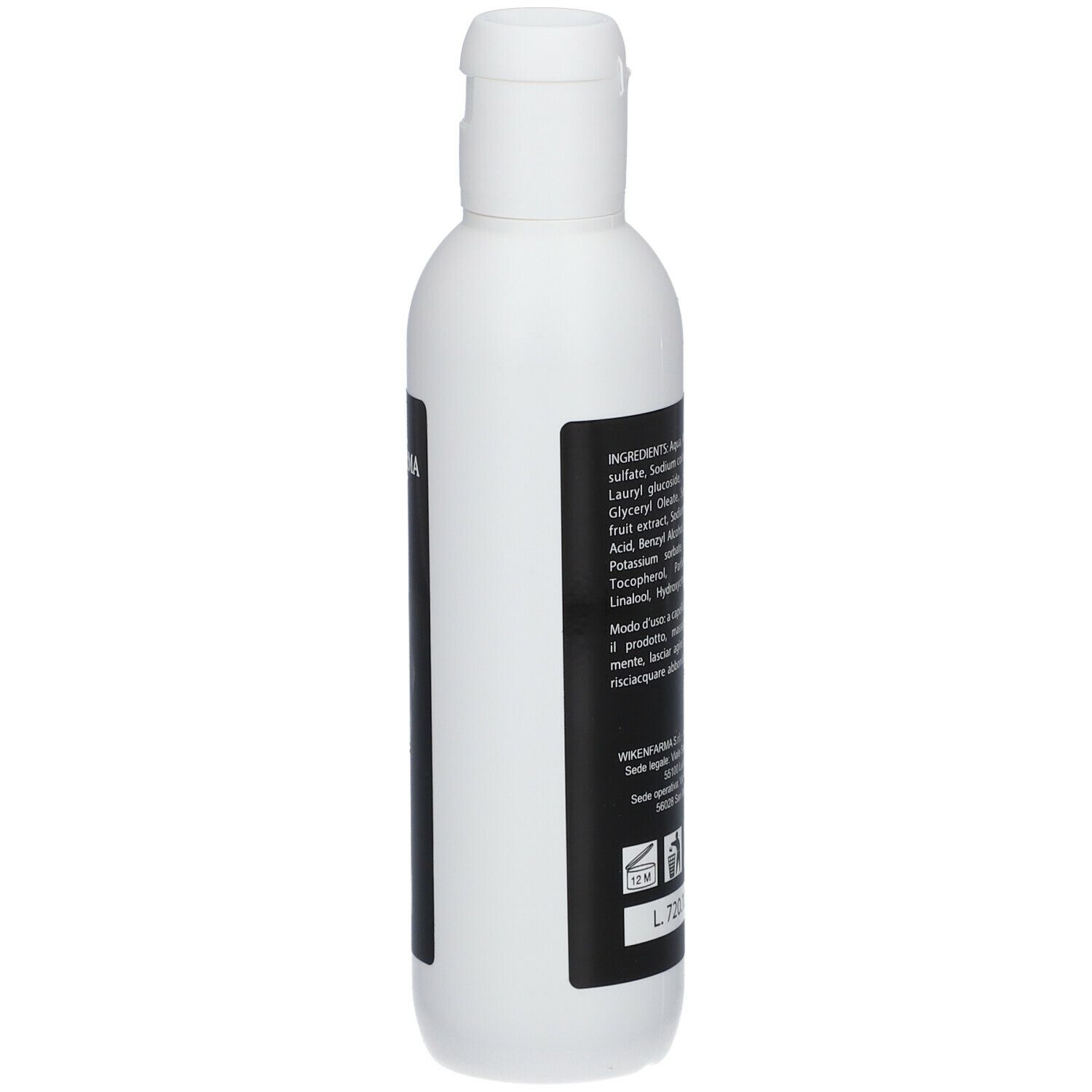 Lato di un flacone di shampoo. Ingredienti e informazioni del produttore. 200 ml.