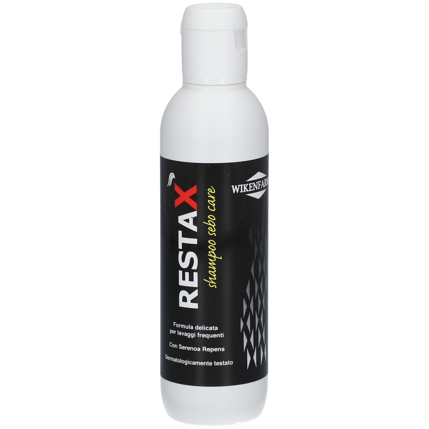 Flacone di shampoo RESTAX sebo care, 200 ml, con etichetta nera. Informazioni visibili.
