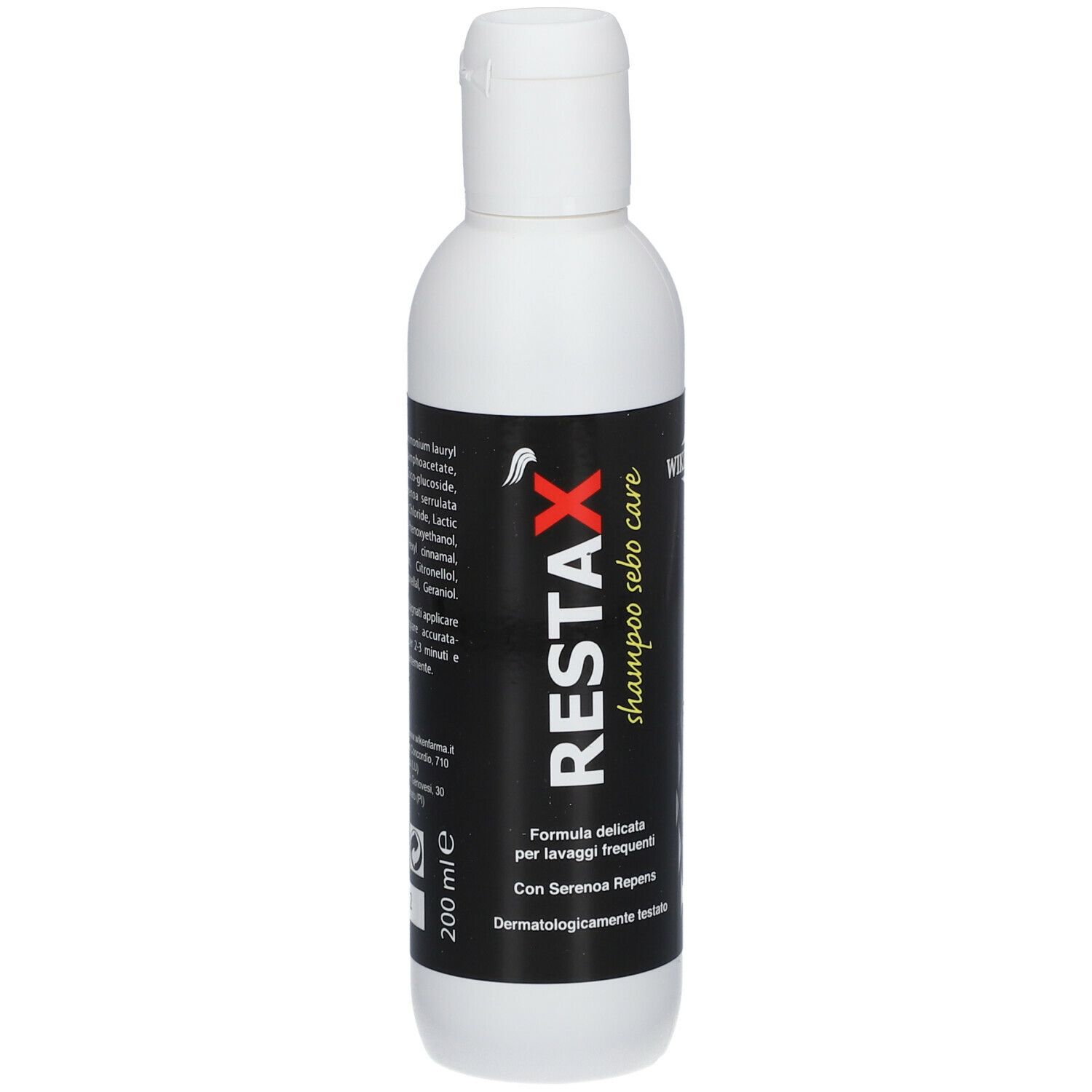 Flacone di shampoo RESTAX sebo care, 200 ml, con etichetta nera. Informazioni visibili.