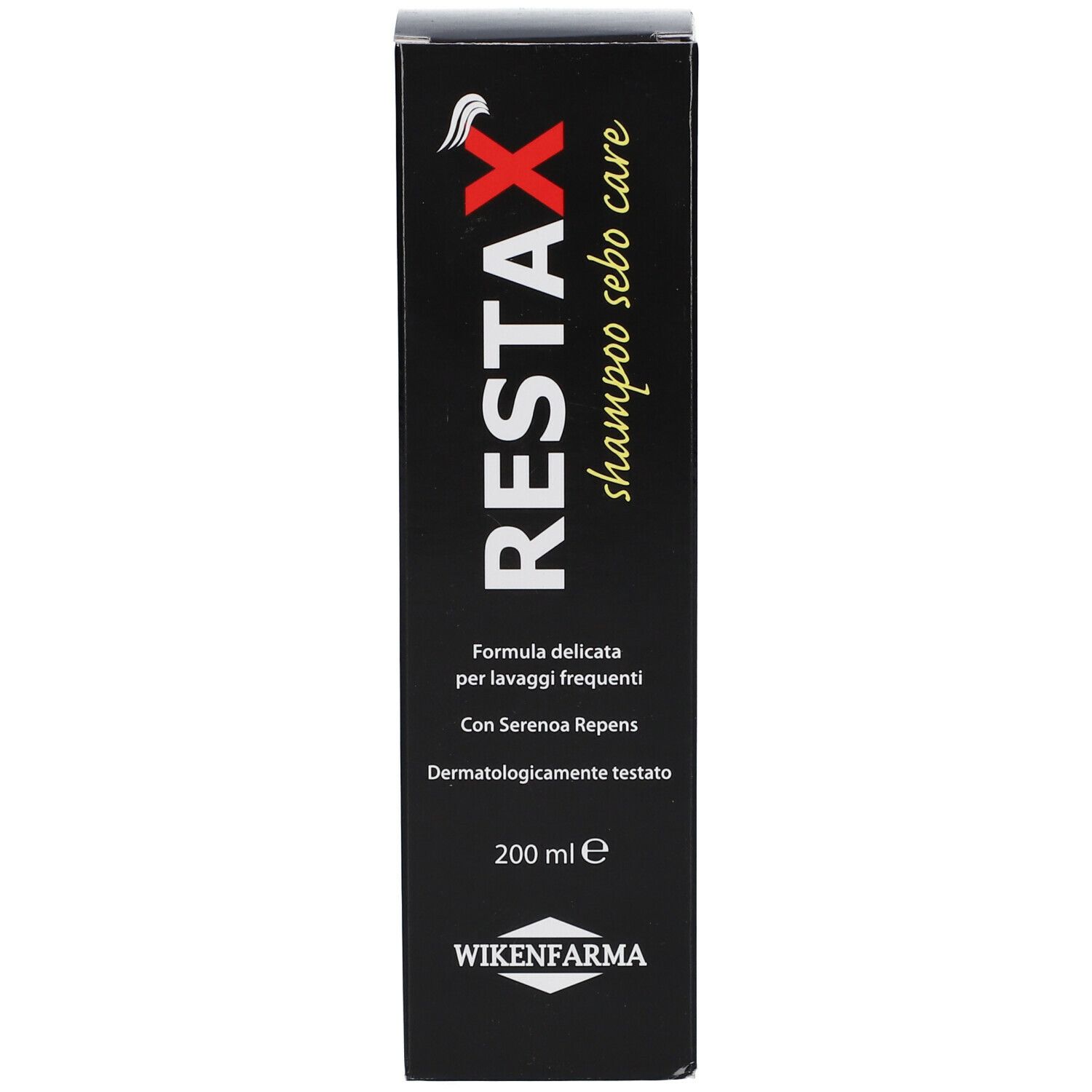 Confezione nera con testo bianco. Scritta: RESTAX Shampoo sebo care, 200 ml.