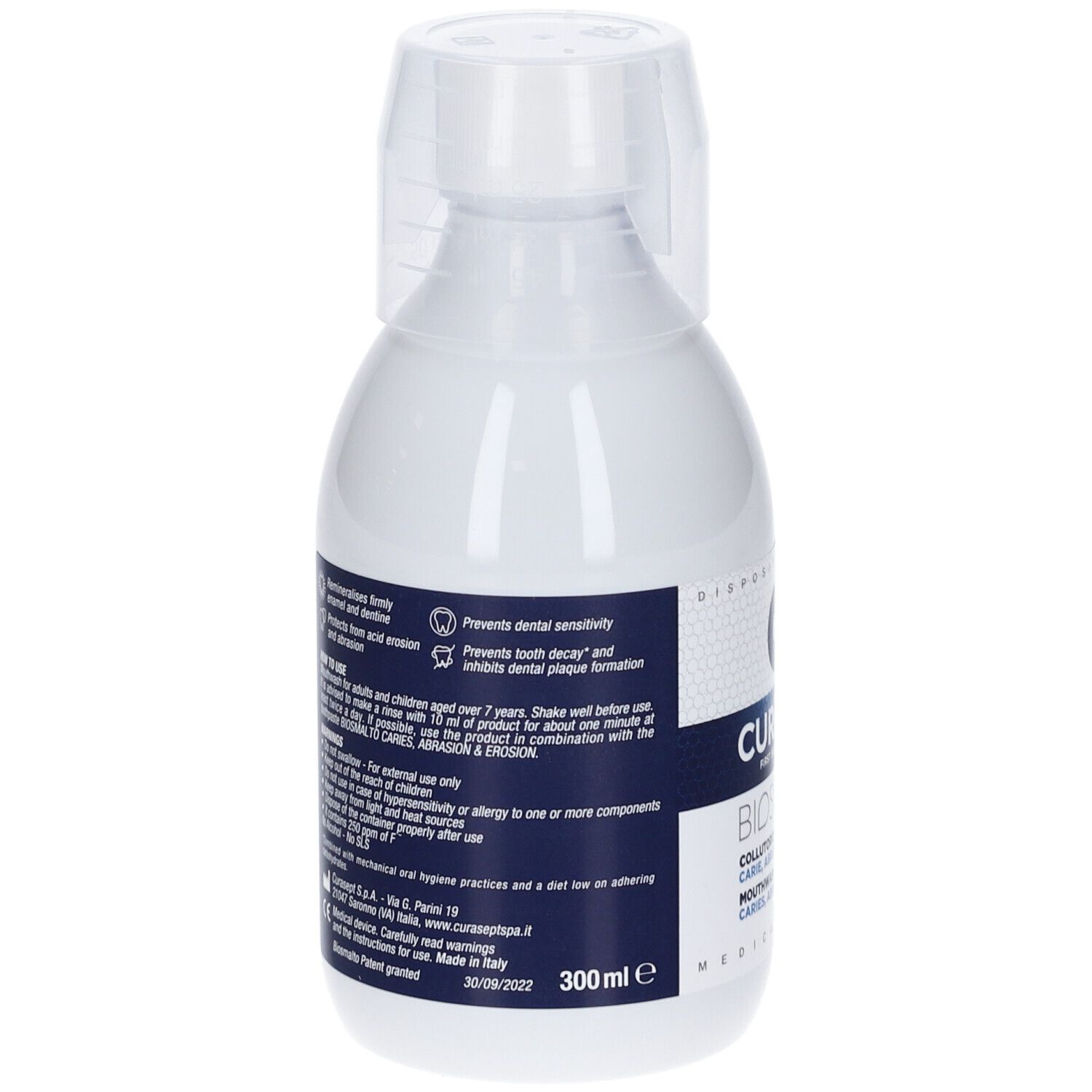 Curasept Biosmalto Mundspülung in weißer Flasche mit Messbecher, 300ml.