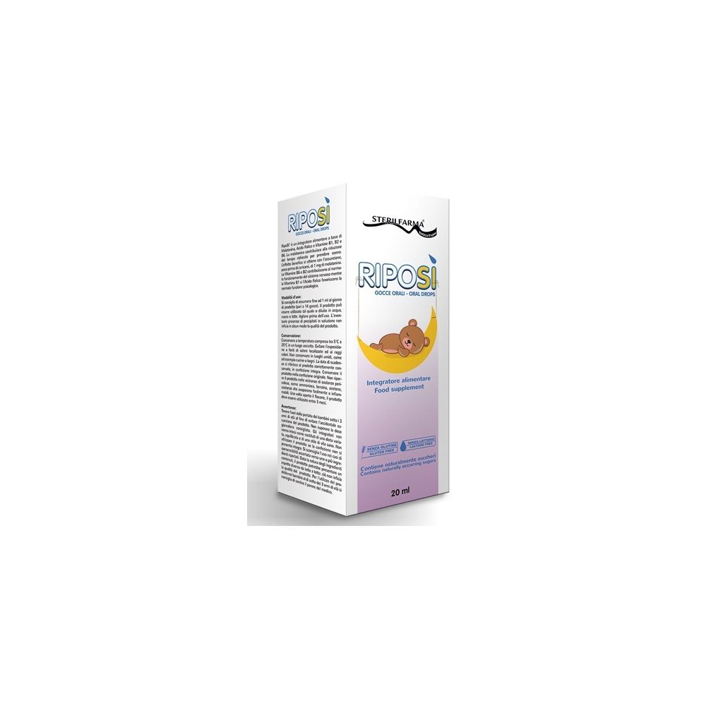 Confezione di gocce orali RIPOSI. Illustrazione di un orsetto sulla luna. Scritta: Gocce Orali, integratore alimentare. Contenuto: 20 ml.