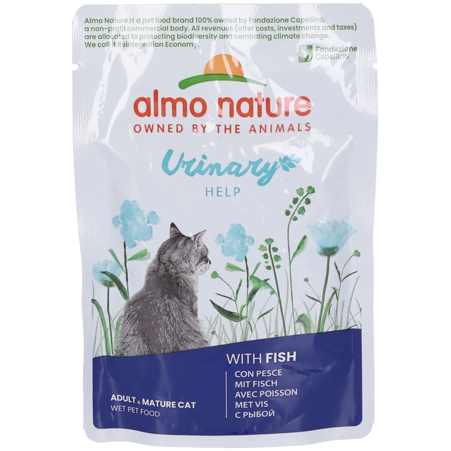 Confezione Almo Nature Urinary Help. Immagine di gatto, scritta "Urinary Help" e "With Fish".