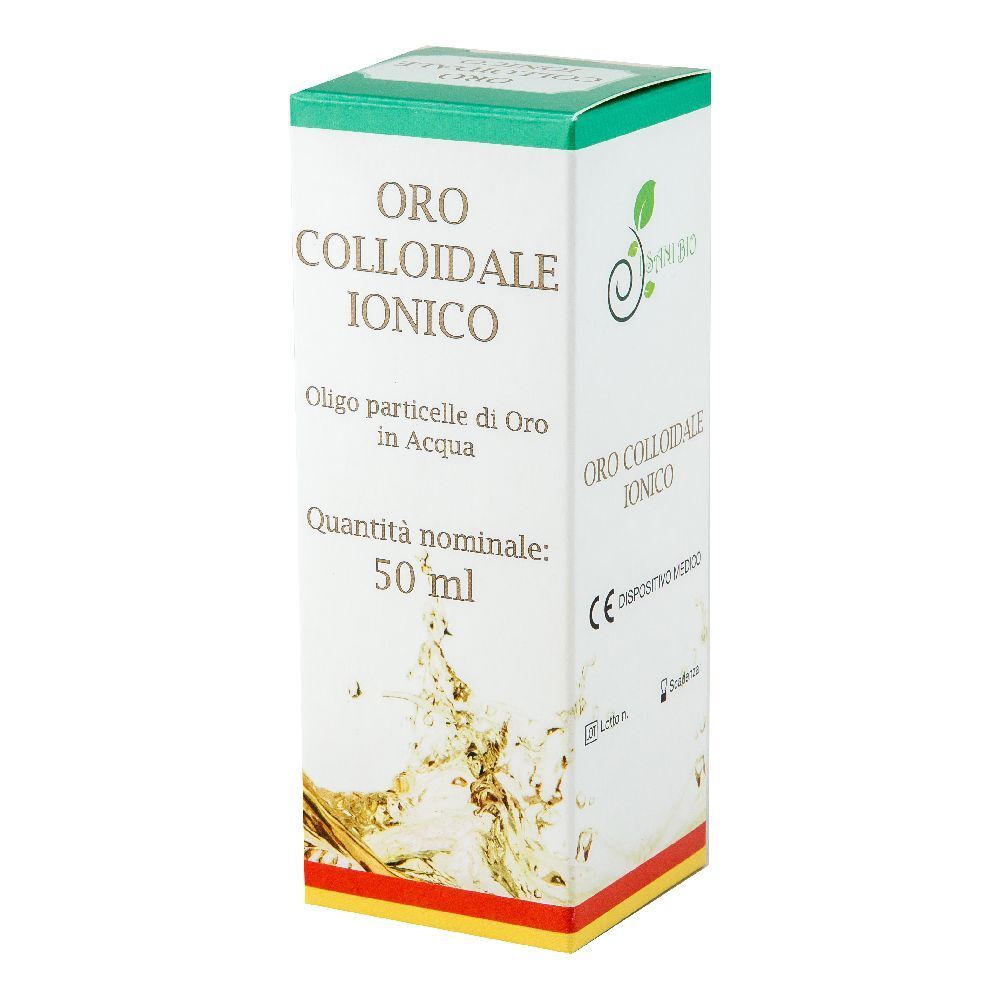 Scatola bianca con parte superiore verde. Scritto: ORO COLLOIDALE IONICO. Contiene 50 ml. Marchio CE.
