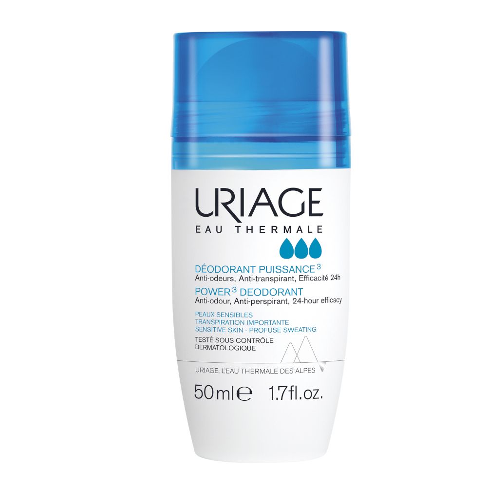Deodorante Uriage Power3. Roll-on con tappo blu. Contiene testo. 50ml. Testato dermatologicamente.