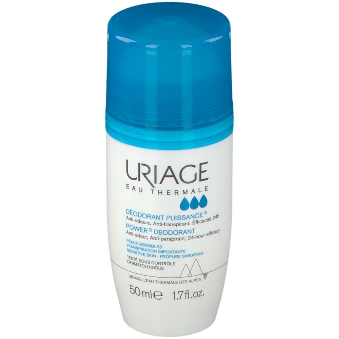 Deodorante Uriage Power3. Roll-on con tappo blu. Contiene testo. 50ml. Testato dermatologicamente.