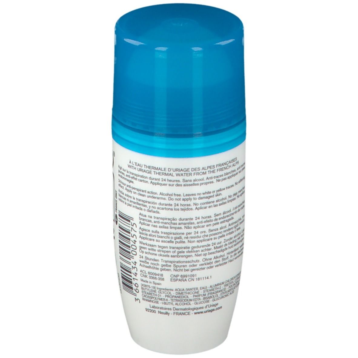 Retro del deodorante Uriage Power3. Contiene testo e loghi.