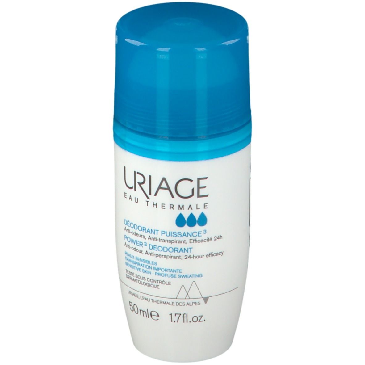 Deodorante Uriage Power3. Roll-on con tappo blu. Contiene testo. 50ml. Testato dermatologicamente.
