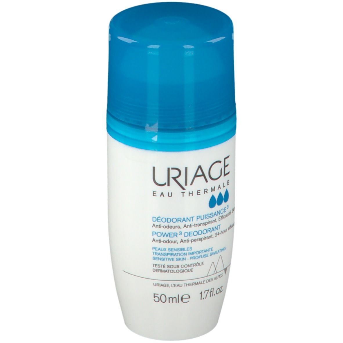 Deodorante Uriage Power3. Roll-on con tappo blu. Contiene testo. 50ml. Testato dermatologicamente.