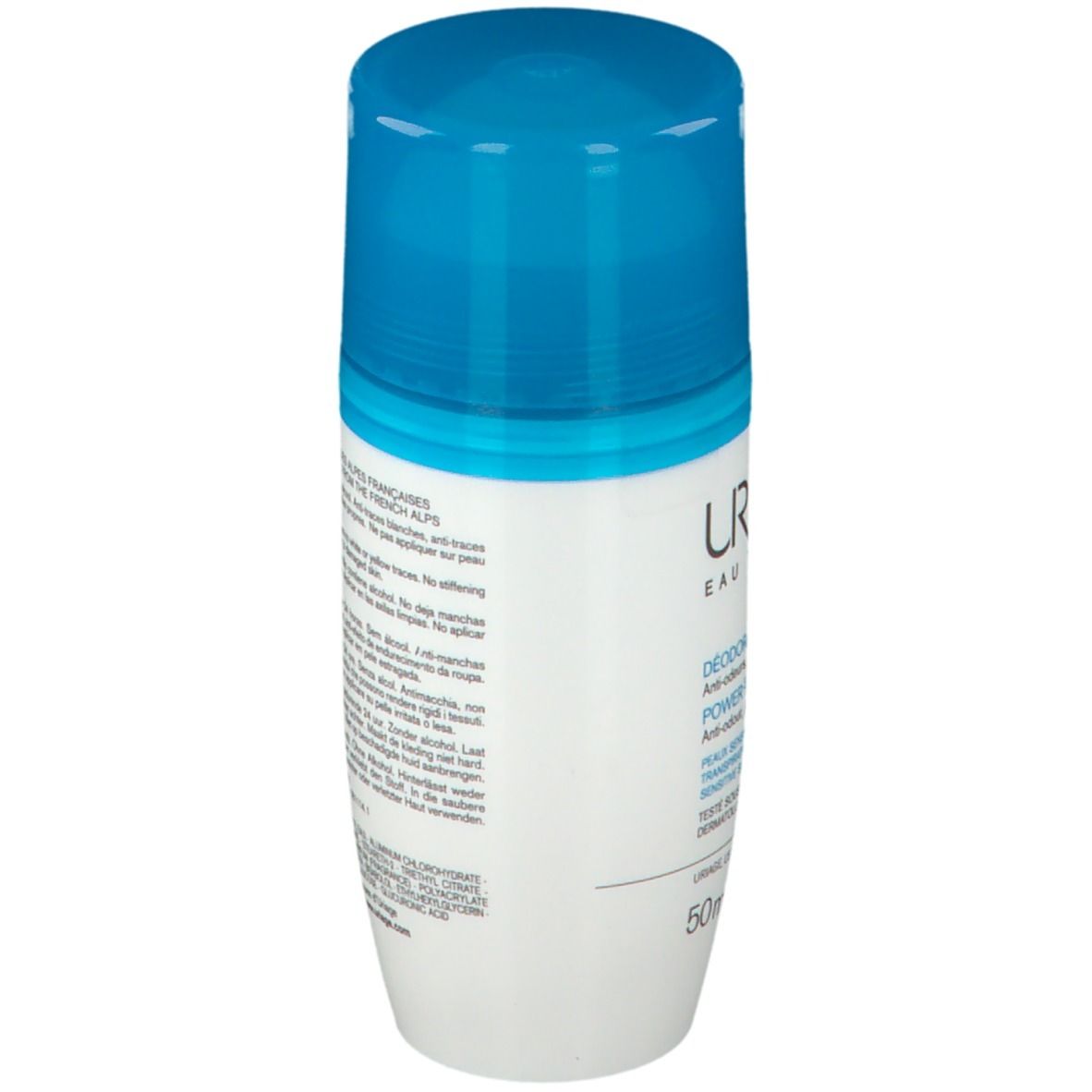 Retro del deodorante Uriage Power3. Contiene testo e loghi.