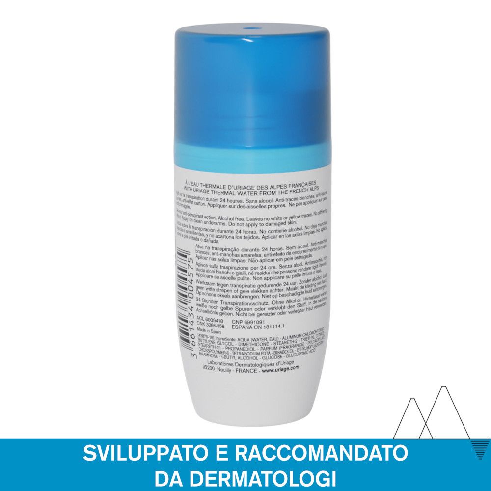 Retro del deodorante Uriage Power3. Contiene testo e loghi. Sviluppato e raccomandato da dermatologi.