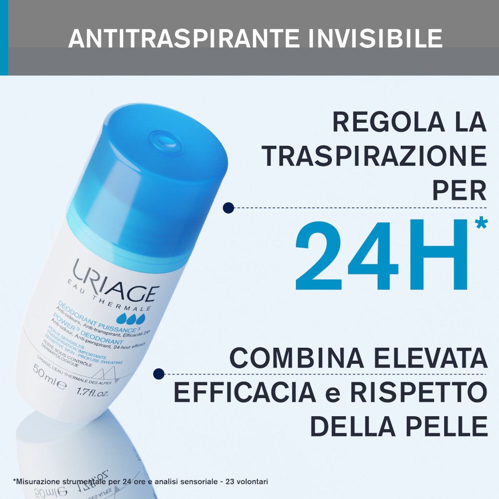 Deodorante Uriage Power3. Testo: Antitraspirante invisibile, protezione 24 ore. Alta efficacia e rispetto della pelle.