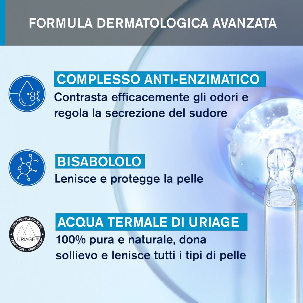 Deodorante Uriage Power3. Testo: Complesso anti-enzimatico, Bisabololo, Acqua Termale Uriage. Per tutti i tipi di pelle.