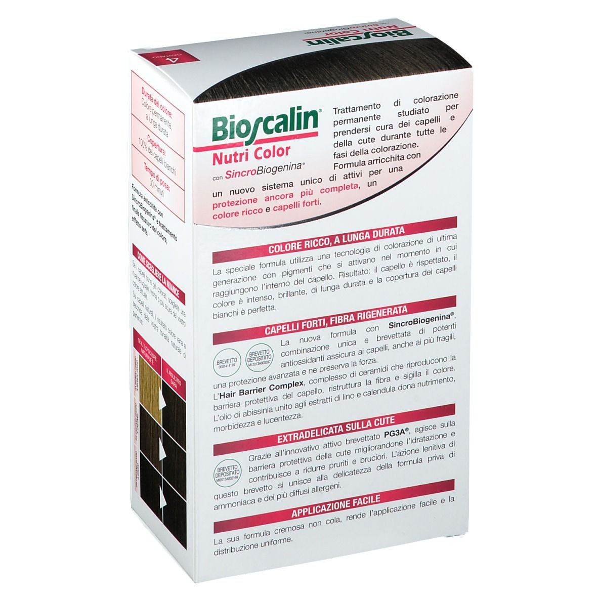 Boîte Bioscalin Nutri Color. Brun 4. Texte: SinCroBioGenina. Description des ingrédients et avantages.