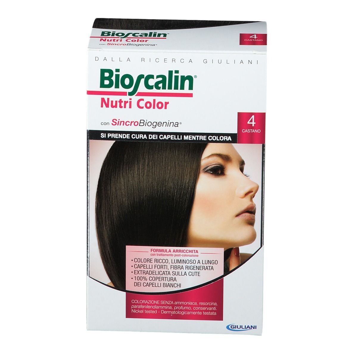 Boîte Bioscalin Nutri Color. Brun 4. Femme aux cheveux bruns. Texte: SinCroBioGenina.
