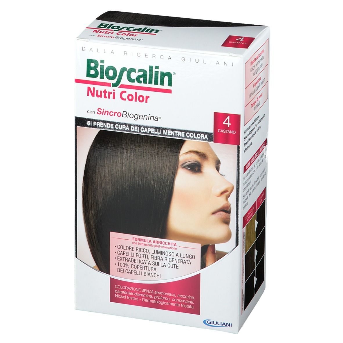 Boîte Bioscalin Nutri Color. Brun 4. Femme aux cheveux bruns. Texte: SinCroBioGenina. Sélection de couleurs.