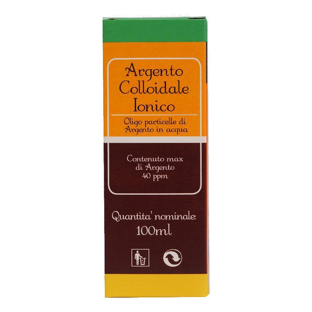 Confezione con testo: Argento Colloidale Ionico, 40 ppm argento, 100 ml. Colori: verde, arancione, marrone e giallo.