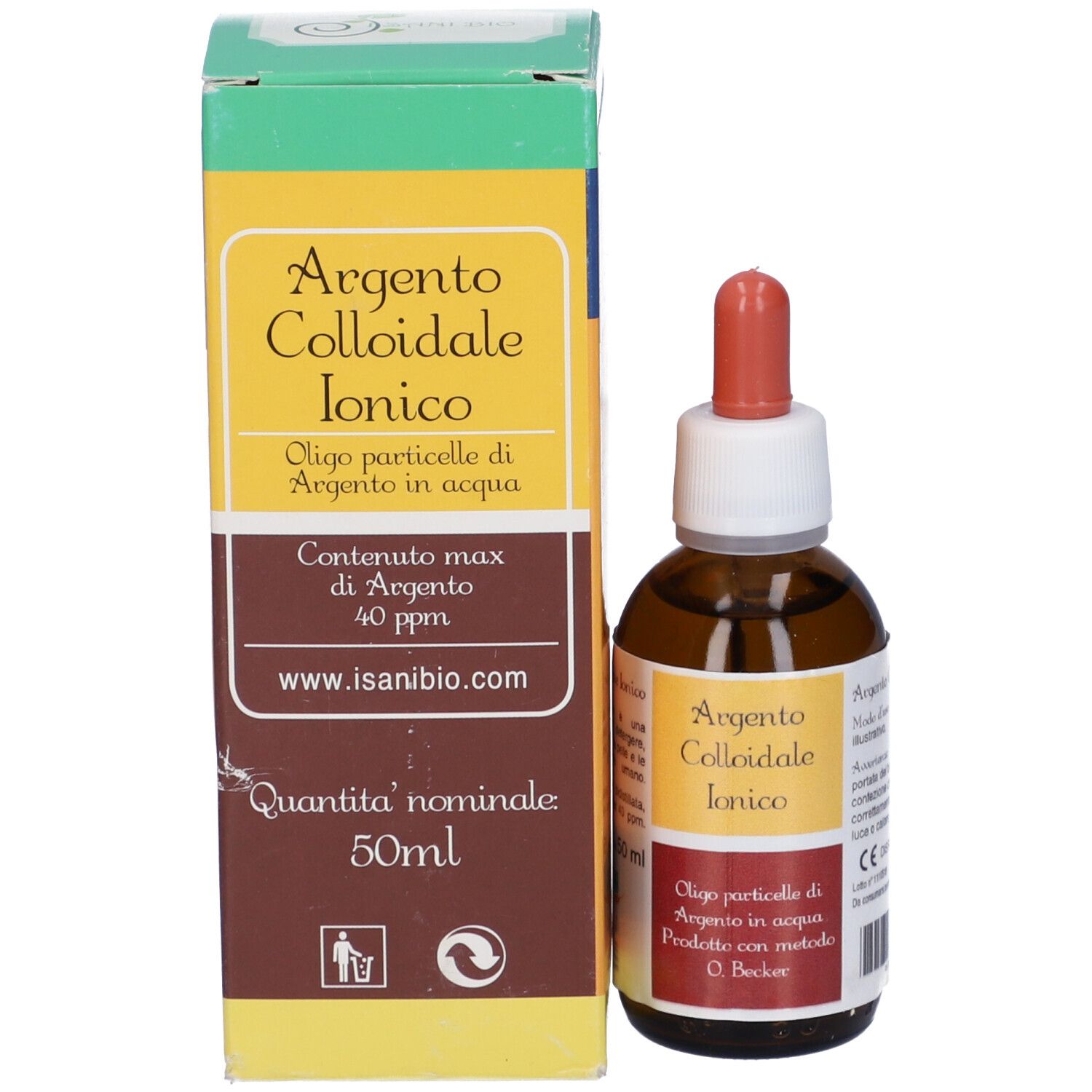 Flacone di vetro marrone con contagocce e scatola. Scritta: Argento Colloidale Ionico, 40 ppm. Confezione con elementi gialli e verdi.