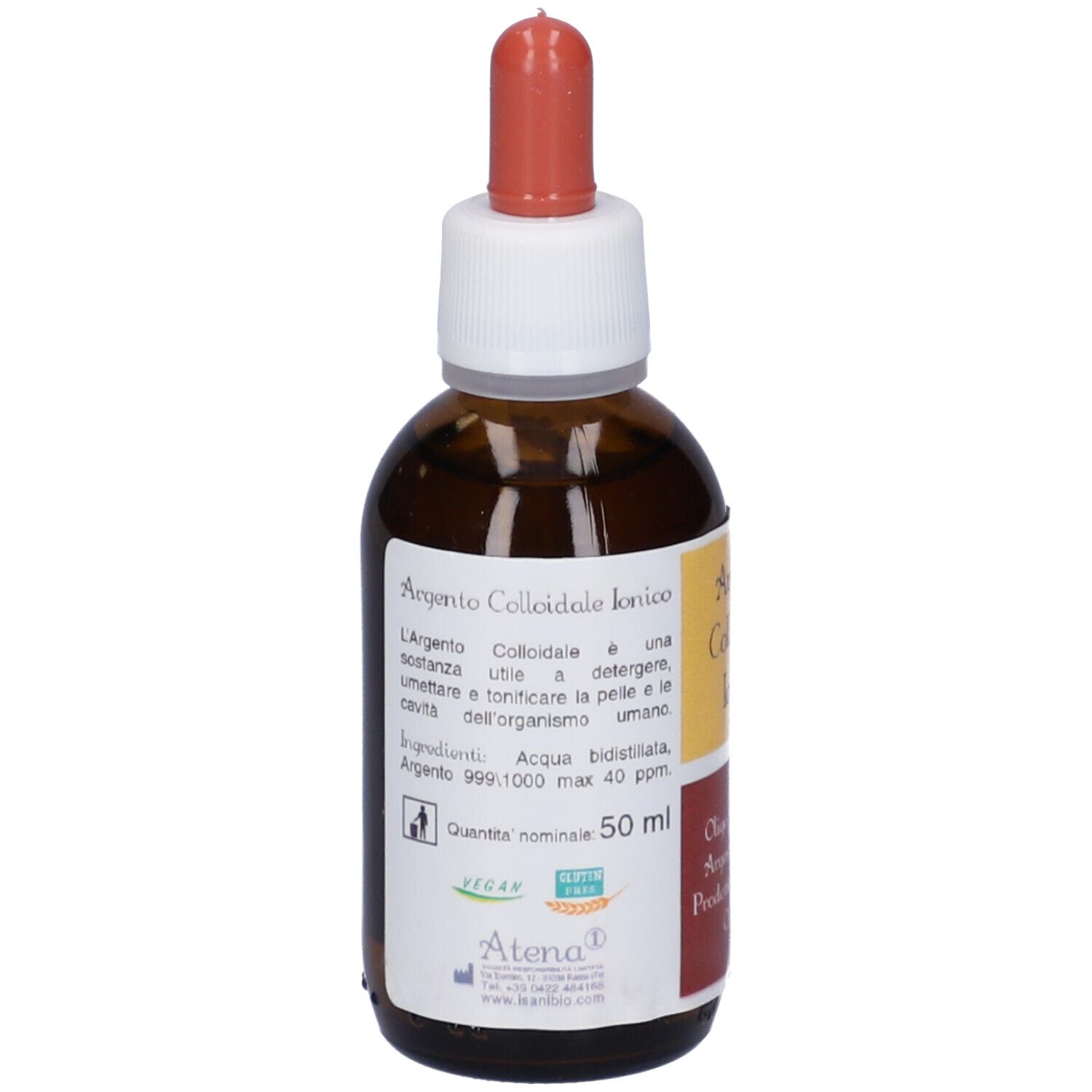 Flacone di vetro marrone con contagocce. Scritta: Argento Colloidale Ionico, 40 ppm. Etichetta con testo e logo. 50 ml.