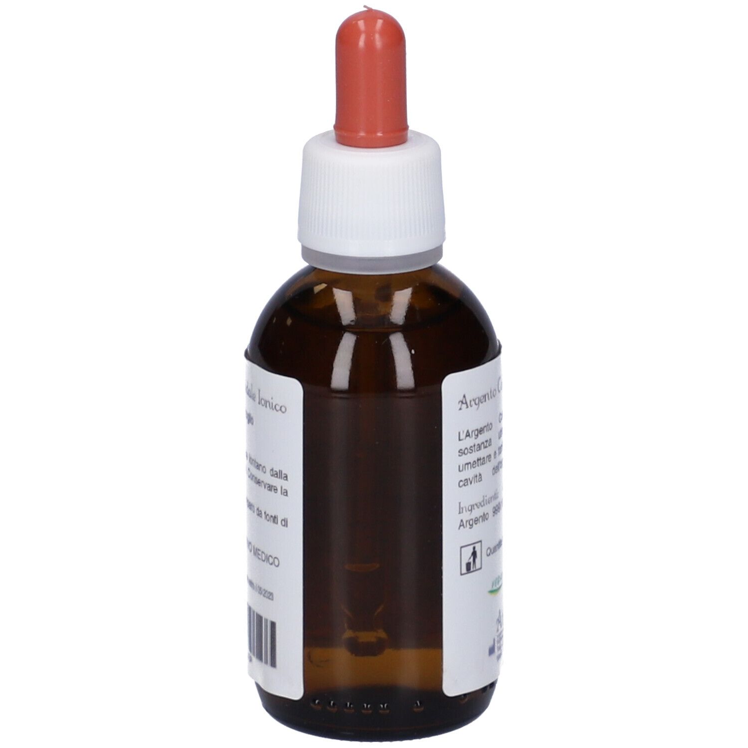 Flacone di vetro marrone con contagocce. Scritta: Argento Colloidale Ionico, 40 ppm. Etichetta con testo e logo. 50 ml.