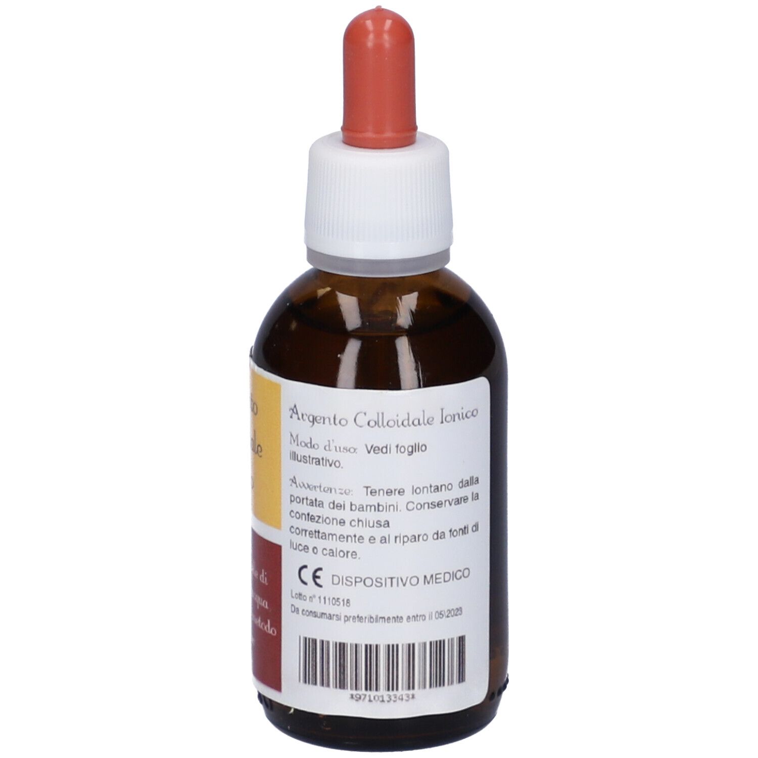 Flacone di vetro marrone con contagocce. Scritta: Argento Colloidale Ionico, 40 ppm. Etichetta con testo e logo. 50 ml.