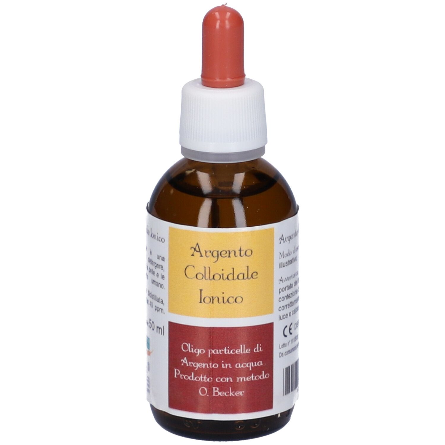 Flacone di vetro marrone con contagocce. Scritta: Argento Colloidale Ionico, 40 ppm. Etichetta con testo e logo. 50 ml.