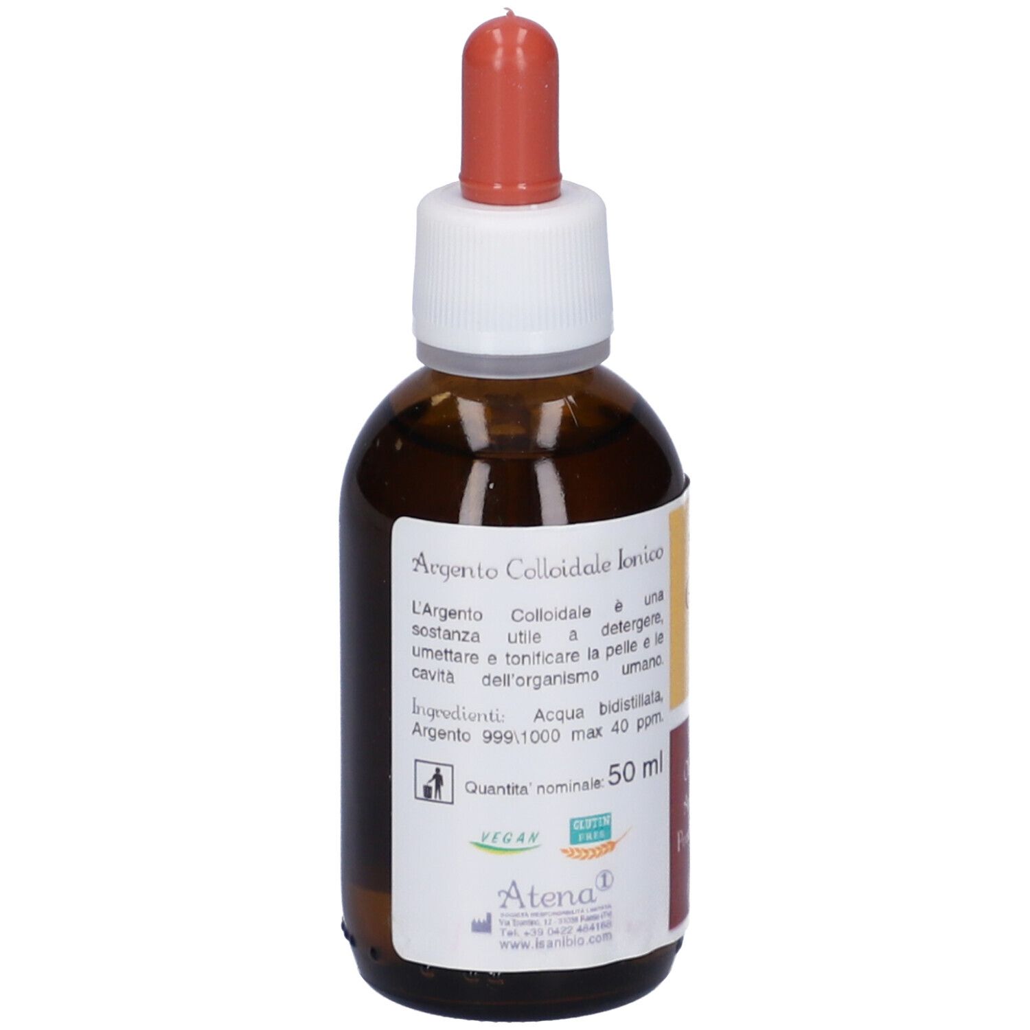 Flacone di vetro marrone con contagocce. Scritta: Argento Colloidale Ionico, 40 ppm. Etichetta con testo e logo. 50 ml.