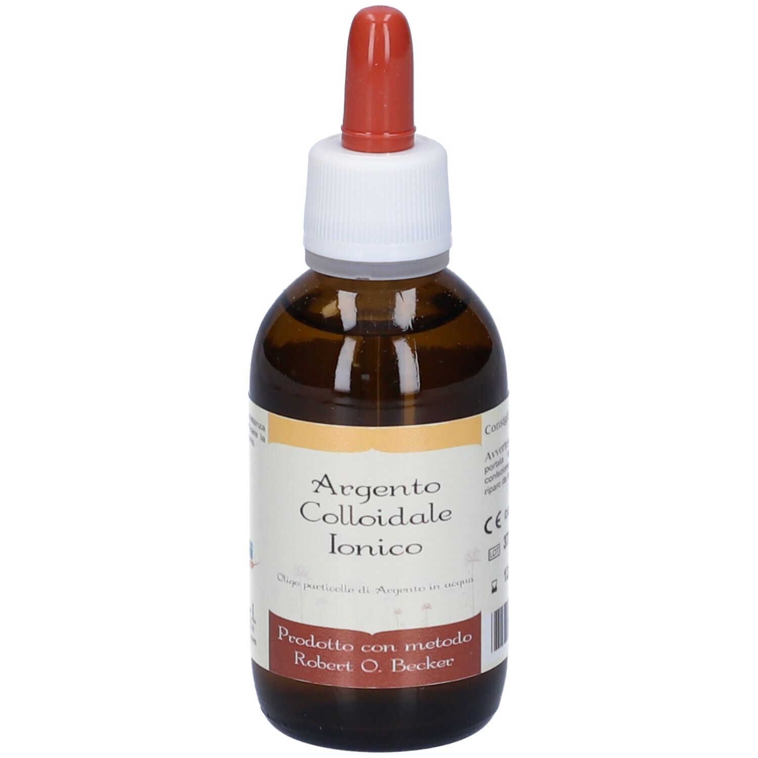 Flacone in vetro marrone con contagocce. Argento Colloidale Ionico. Etichetta con testo. Contagocce rosso.