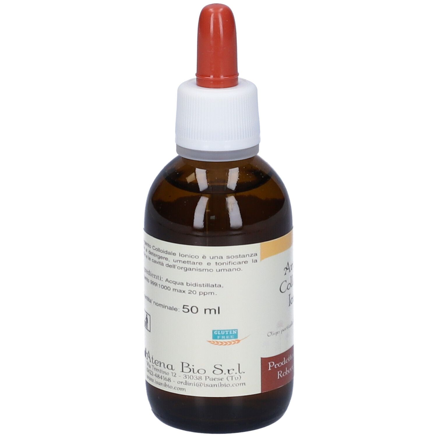 Flacone in vetro marrone con contagocce. Argento Colloidale Ionico. Etichetta con testo. 50 ml. Senza glutine.
