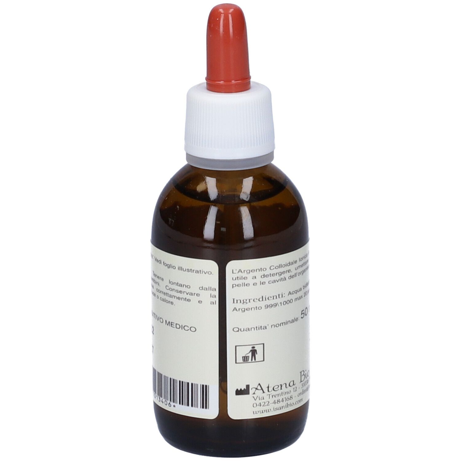 Flacone in vetro marrone con contagocce. Argento Colloidale Ionico. Etichetta con testo. 50 ml. Simbolo di riciclaggio.
