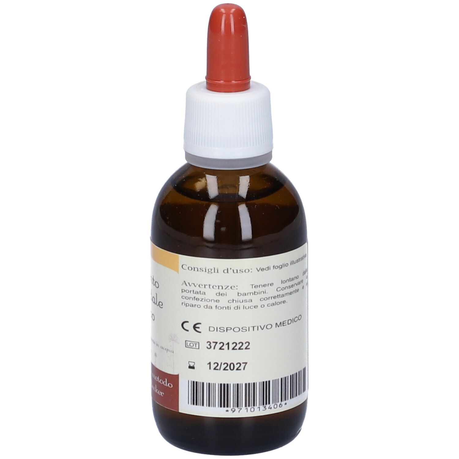 Flacone in vetro marrone con contagocce. Argento Colloidale Ionico. Etichetta con testo. Marchio CE. Scadenza.